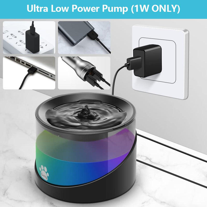 Kastty Super Quiet Water Fountain for Cats Inside, Pet Water Fountain for Kitty, Cat Waterer, Dog Bowl Dispenser 2.2L/74oz,with Super Long Life Span Pump, Black+Colorful LED Light - PawsPlanet Australia