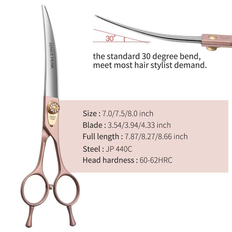 Fenice Peak Professional Curved Dog Grooming Scissors 7'' Rose Gold 440C Stainless Steel Pet Cutting Shears Safety Trimming Shearing for Dogs Cats Curved Shear 7'' - PawsPlanet Australia