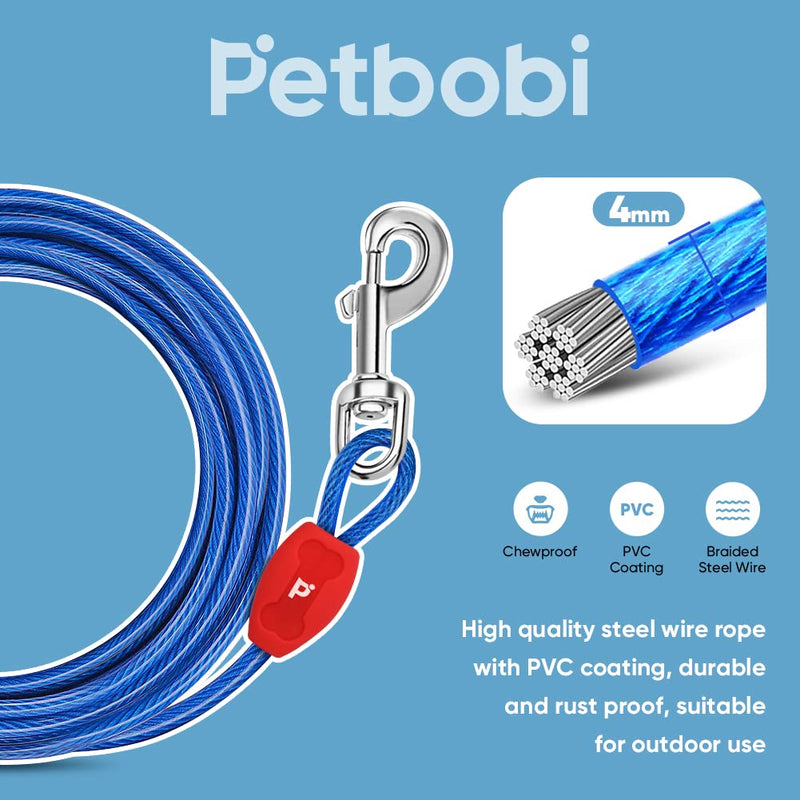 Petbobi Dog Tie-Out Cable 30ft - Outdoor Leash 4mm Dog Cable with Shock Absorbing Spring, 360° Swivel Clips, Allow Your Dog Roam Free, Ideal for Small Medium Large Dogs Up to 120lbs, Blue 30ft/120lbs