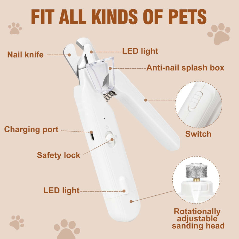 2-in-1 pet Nail Clipper and Grinder with USB Charging - Quiet Less Than 40 decibels Dog Nail Clippers for Large Dogs and cat Nail Clipper - Dual LED Lights Suitable for All Pets (White) white - PawsPlanet Australia