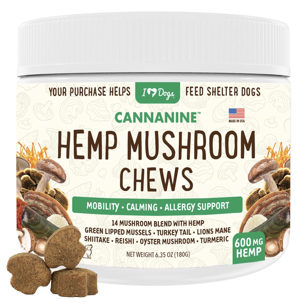 iHeartDogs Hemp Mushroom Chews for Dogs - Mobility, Calming, Allergy & Immune Support - 14 Mushroom Blend with Turkey Tail, Lion’s Mane, Shiitake & Green Lipped Mussels - 60 Count / 600mg Hemp