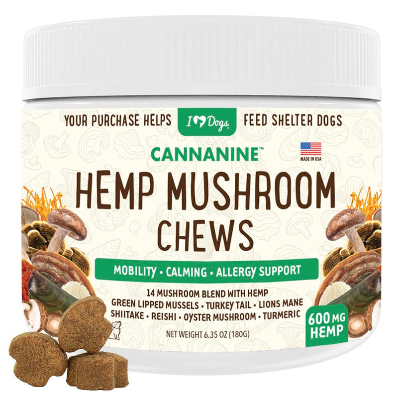 iHeartDogs Hemp Mushroom Chews for Dogs - Mobility, Calming, Allergy & Immune Support - 14 Mushroom Blend with Turkey Tail, Lion’s Mane, Shiitake & Green Lipped Mussels - 60 Count / 600mg Hemp