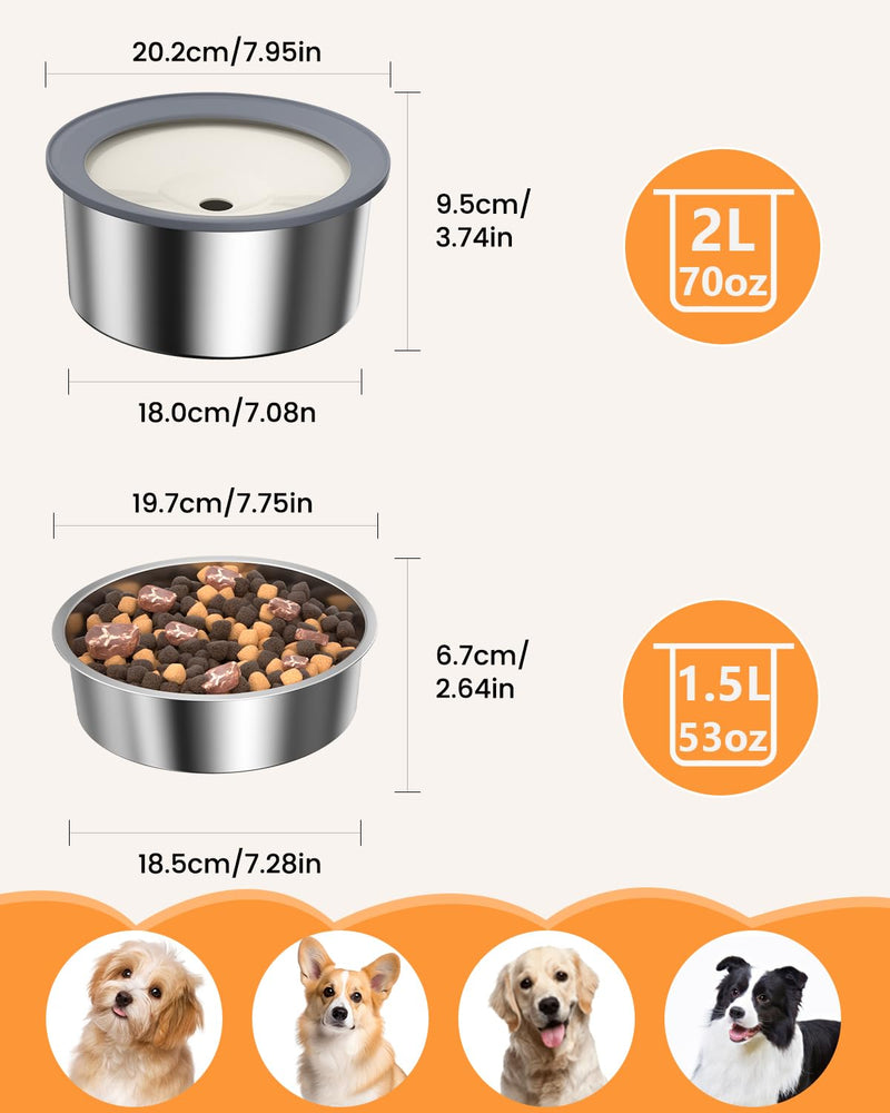 No Spill Water Bowl and Food Bowl Set for Dogs, 2L Large Slow Drinking Spilling Proof Water Dispenser & 1.5L Stainless Steel Dish, Fits into Elevated Pet Feeder