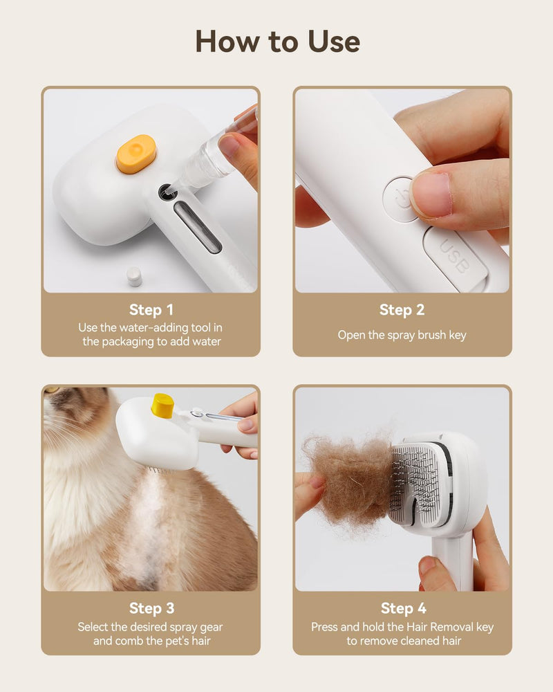 ROJECO 3-in-1 Pet Steam Brush for Cats&Dogs-Pet Spray Hair Removal Detangling Comb with Adjustable Mist,Handheld Deshedding Grooming Tool for Long/Short Hair,Massage Brush & Shedding Control,Cordless White - PawsPlanet Australia