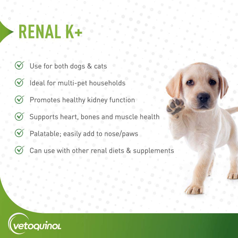 Vetoquinol Renal K+ (Potassium Gluconate) Potassium Supplement Powder for Dogs and Cats, 3.5oz - PawsPlanet Australia