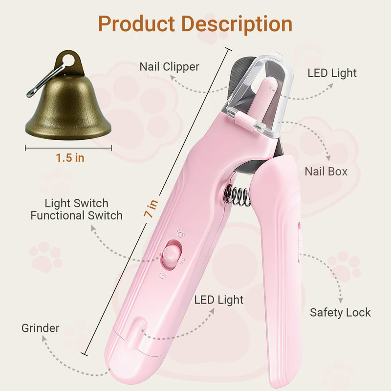2 in 1 Dog & Cat Nail Clippers Grinder with Lights, Quick Sensor Safety Guard & Ultra-Quiet USB Rechargeable Cat & Dog Nail Trimmers for Pets Nail Grinder with 2 Bells for Women(Pink) - PawsPlanet Australia