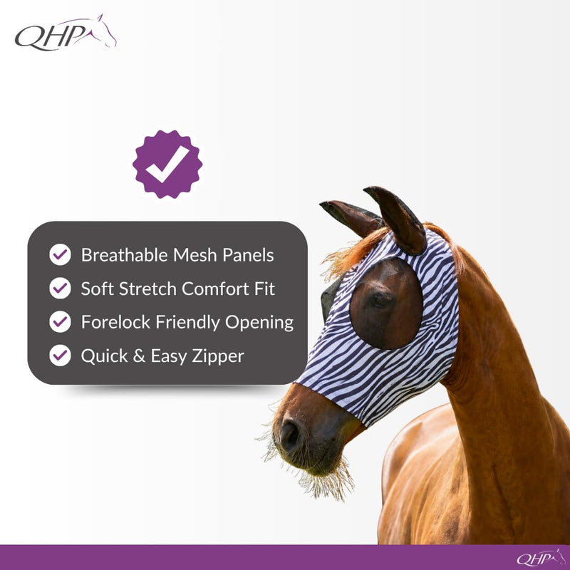 QHP Horse Fly Mask with Zipper | Lycra Stretch Fit | Bug-Eye Mesh | Ear Protection & Forelock Opening | Zebra, Navy & Unicorn | Cob & Full (Zebra, Full)