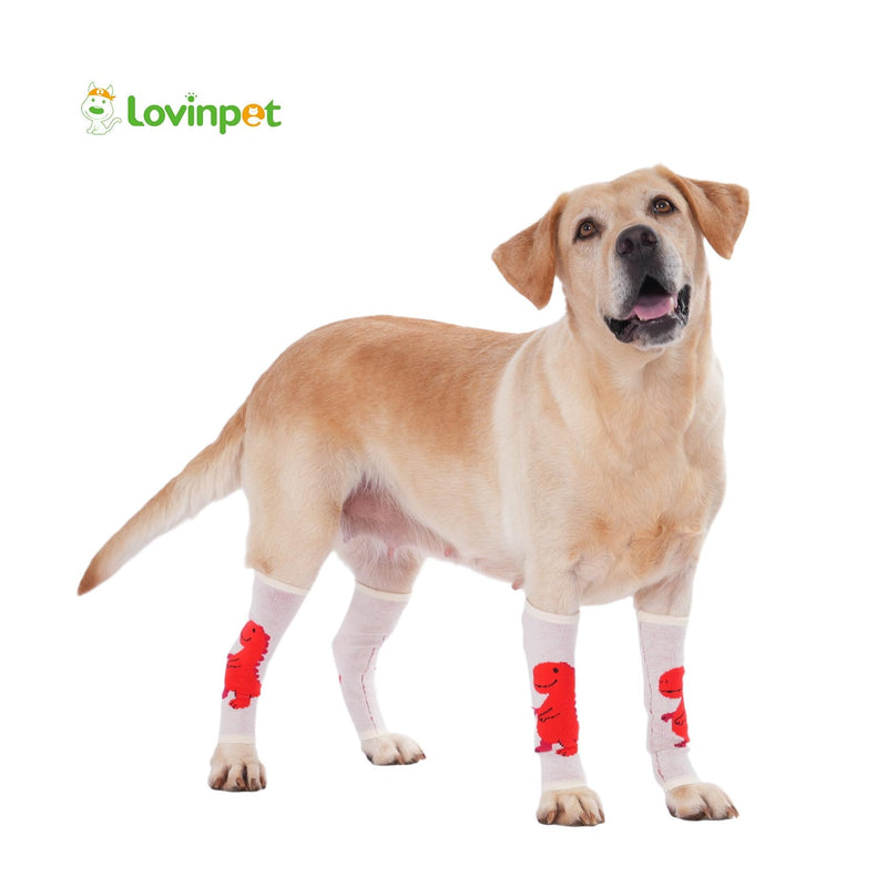 LovinPet 4-Pack Dog Knee Sleeves, Dinosaur-Style Leg Warmers for Medium & Large Dogs, 4-Way Stretch, Anti-Lick Coverage, Warm & Comfy Fit, One Size,Red White Red White