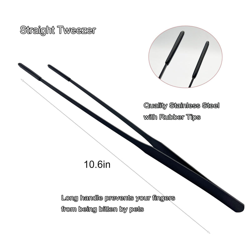 Stainless Steel Straight and Curved Tweezers Aquarium Tweezers with Rubber Tips Long Handle Reptile Feeding Tongs for Fish Tank Aquatic Plants, 2pcs, 10.6 Inch, Black - PawsPlanet Australia