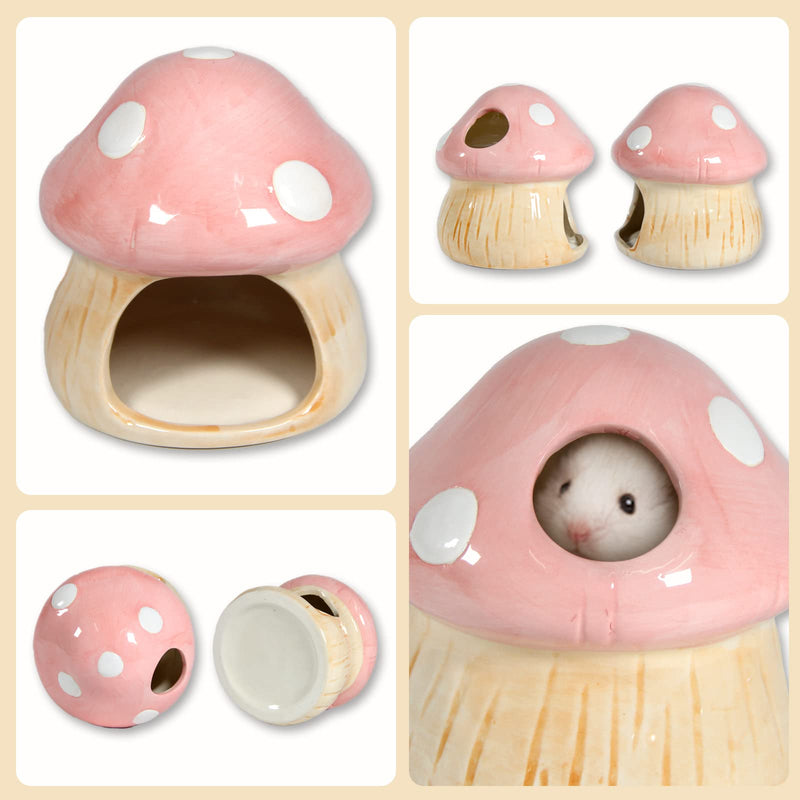 Ceramic Mushroom Habitats Hamster Hideout，Hamster House Hamster Hideaway House Habitats Food Feeding Bowl Gerbils Chinchillas Ferrets Hedgehog Small Animals(Pink Mushroom set) Pink Mushroom set - PawsPlanet Australia