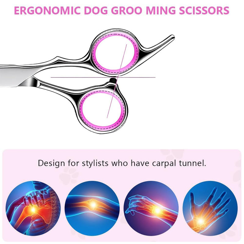 Dog Grooming Scissors, 5 Pcs Stainless Steel Pet Trimmer Kit, Fashion Hair Cutting Grooming Tool for Dogs and Cats - with 6-inch Cutting Scissors, Thinning Shear, Curved Scissors, Grooming Comb C-5 Scissors Set - PawsPlanet Australia