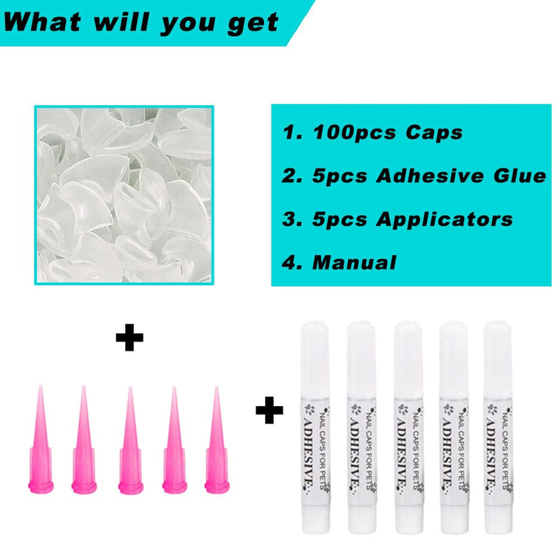 100pcs Cat Nail Caps Clear Cat Claw Covers Kitten Nail Caps with Adhesives and Applicators (M Clear) Medium