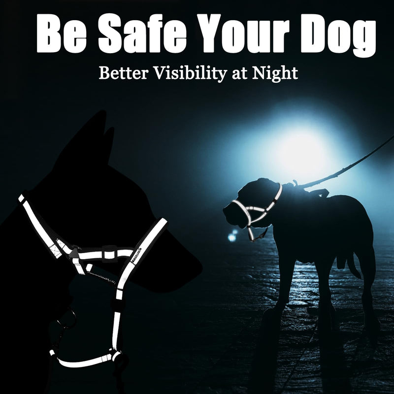 Reflective Head Collar, No Pull Collar for Large Dogs, Anti-Pull Muzzle Leash for Large Sized Breed, Adjustable Soft Dog Halter, Nose Leash for Easy Control on Walks Black L (Snout Cir: 9½"-14”)