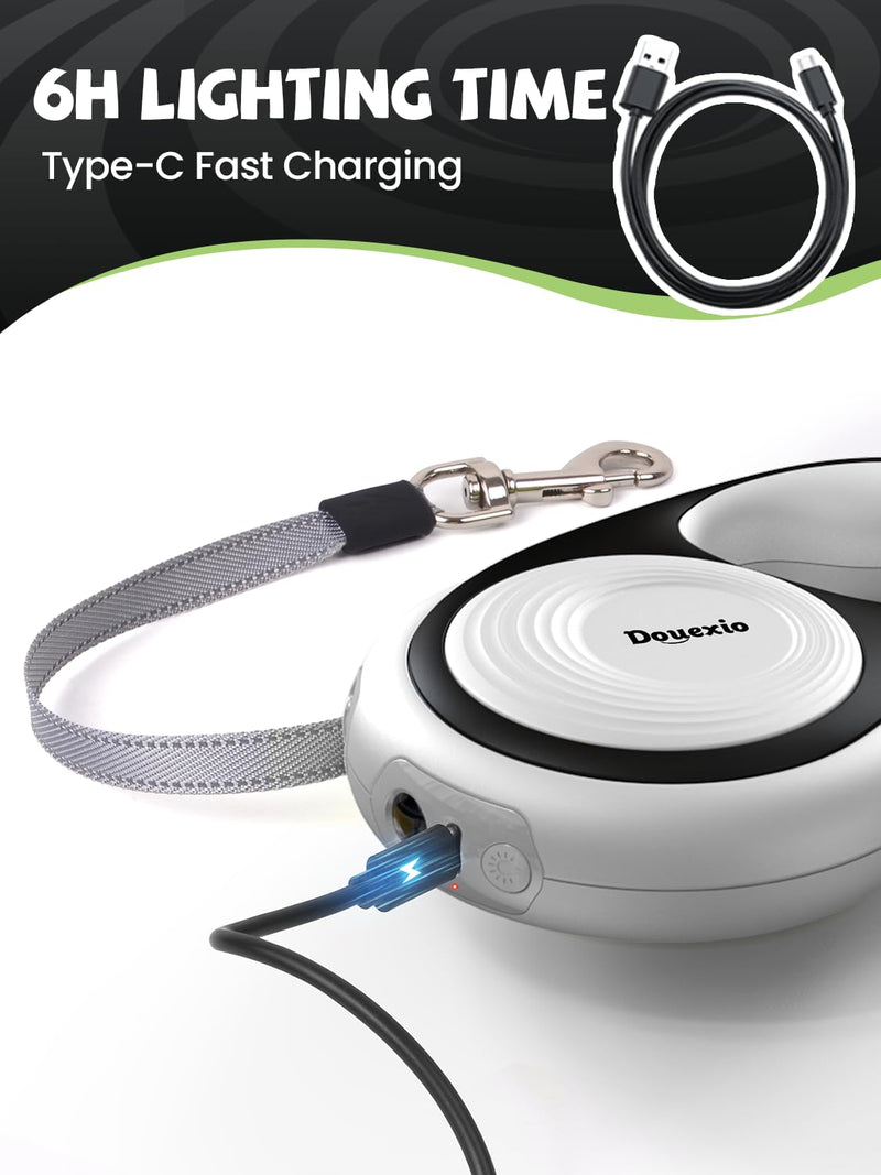 Retractable Dog Leash with LED Flashlight, Douexio Upgrade 3 in 1 Dog Leash Retractable for Small Medium Dogs Up to 66 lbs, 16ft, Anti-Slip Handle,One-Handed Brake (White) White - PawsPlanet Australia