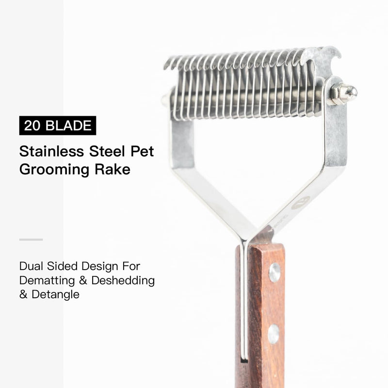 Pet Dematting Rake with 2 Sided Professional Pet Grooming Rake for Dogs and Cats 20-Blades Deshedding Detangle Thinning Undercoat Comb and Face Comb Kit with Wooden Handle - PawsPlanet Australia