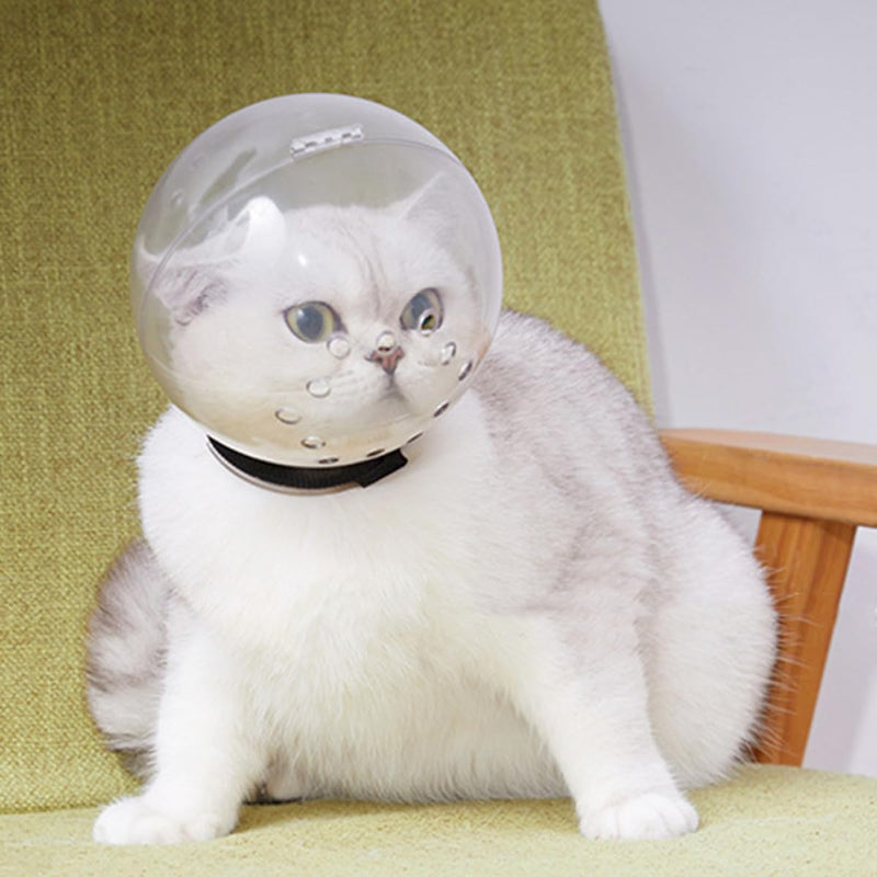 Breathable cat head protector made of ABS with a lightweight design and easily removable white protective collar for outdoor use.