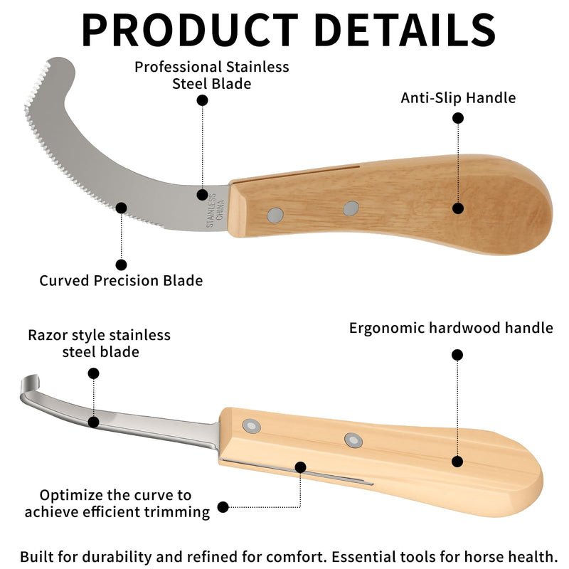 Double Edged Hoof Knife and Bot Egg Knife Set, Stainless Steel Blade with Ergonomic Wooden Handles Professional Equine Care Tools for Horses, Cattle, Goats, and Farm Livestock