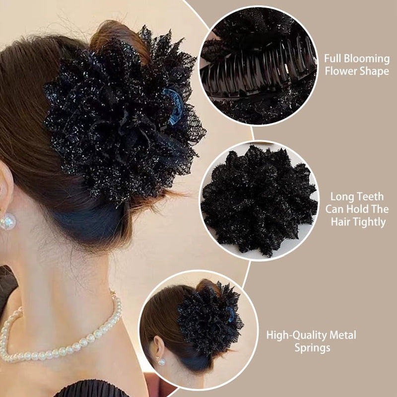 Large Rose Flower Hair Claws - Big Mesh Floral Plastic Hair Clips for Women, Barrettes & Updo Holders for Chignon and Bun Hairstyles (Black & red)