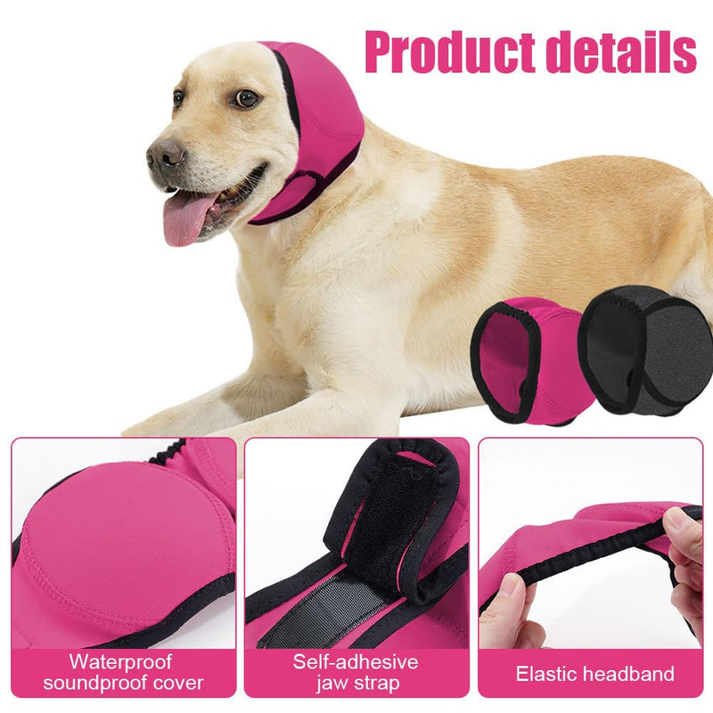 Dog Ear Defender, Waterproof Adjustable Dogs Head Cover Noise Cancelling Windproof Pet Calming Hood for Summer Bathing Water Play Protection Rose Red L