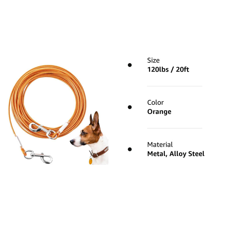 Tie Out Cable for Dogs, 20/30/50/100FT Dog Leads for Yard Chew Proof, Heavy Duty Dog Tie Out Cable for Large Dogs Up to 250lbs, Durable Dog Runner Tether Line for Outdoor, Yard and Camping Orange 120Ibs 20ft - PawsPlanet Australia