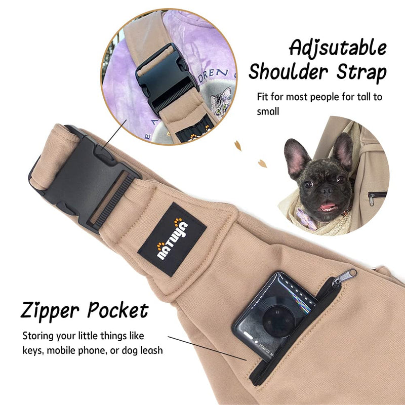 NATUYA Pet Dog Sling Carrier - Dog Sling with Net Bag for Carrier Dogs Cats-Hands Free Pet Bag-Buckle net Pocket pet Bag (Khaki) Khaki - PawsPlanet Australia