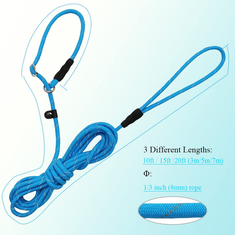 BTINESFUL 10FT / 15FT / 20FT Slip Lead Dog Leash, Reflective 1/3” Rope Leash Long Training Lead for Small Medium Dogs (20ft, Blue) 20ft * 1/3" - PawsPlanet Australia