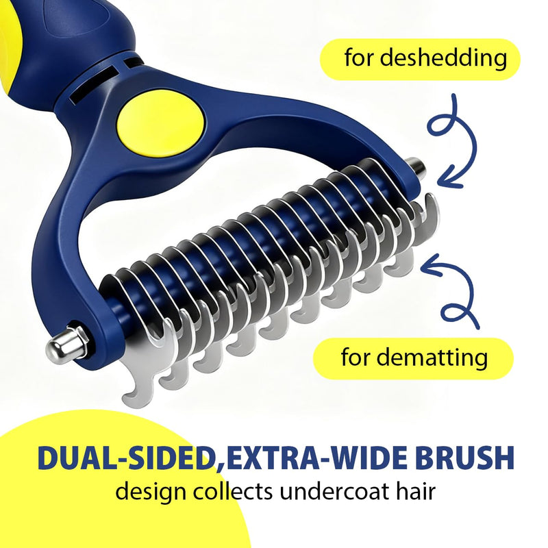Professional Double-Sided Pet Grooming Rake, Blue and Yellow Deshedding Tool for Dogs and Cats, Undercoat Dematting Brush for Long Hair Pets