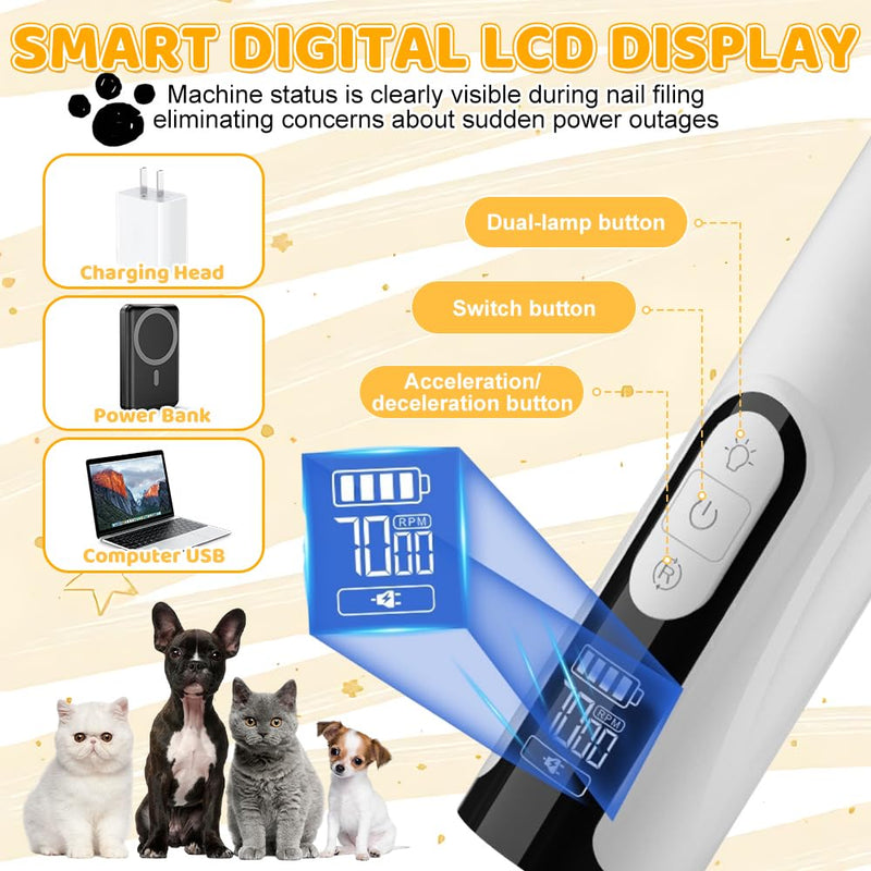 NAVESO Dog Nail Grinders, Dog Caw Grinder with 3 Speed, Dog Claw Clippers, Dog Nail Trimmer with Dual LED Lights and LCD Display, USB Rechargeable LED Pet Nail Grinder for Dogs Cats (2 Heads) - PawsPlanet Australia