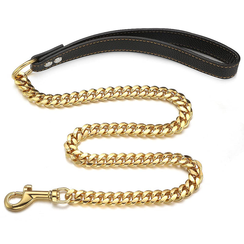 Gold Dog Chain Leash Stainless Steel Metal Chain Width 10mm /14mm Curb Cuban Link Walking Training Dog Leash 3FT 4FT 5FT with Genuine Leather Handle for Small, Medium Large Dogs(14mm,3FT) 14mm wide 3FT(36inch) - PawsPlanet Australia