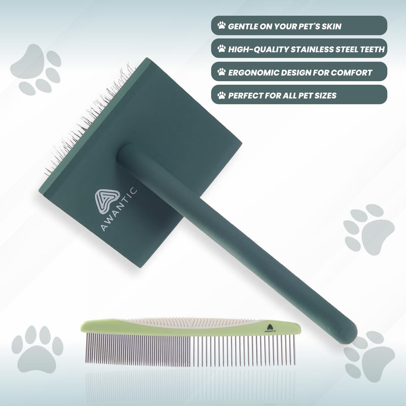 Self- Cleaning Slicker Brush for Dogs Suitable for Short & Long Haired Dogs and Effective Deshedding for Pet Grooming, Undercoat Removal, Tangle-Free Fur (Green Brush + Comb) Large - PawsPlanet Australia