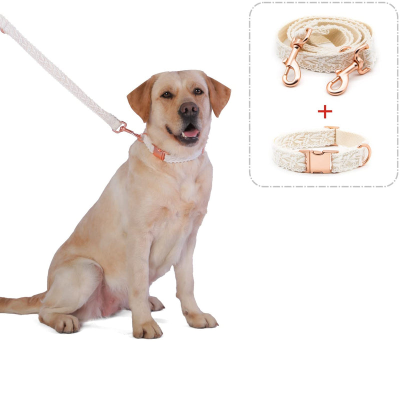 Dog Collar and Leash Set, Cotton Lace Handmade 4-5 FT Adjustable Comfortable Unique Collars and Leashes for Small Medium Large Dogs Small (2-Piece Set, Width: 1 inch) Beige