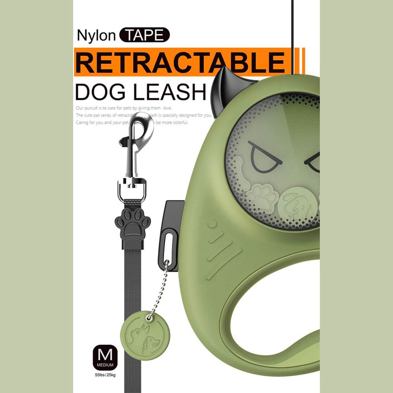 Retractable Dog Leash | 13 ft / 4 m | Supports up to 25 kg / 55 lbs | One-Button Brake & Lock | 360° Tangle-Free | Cute Animal Designs (Green) Green