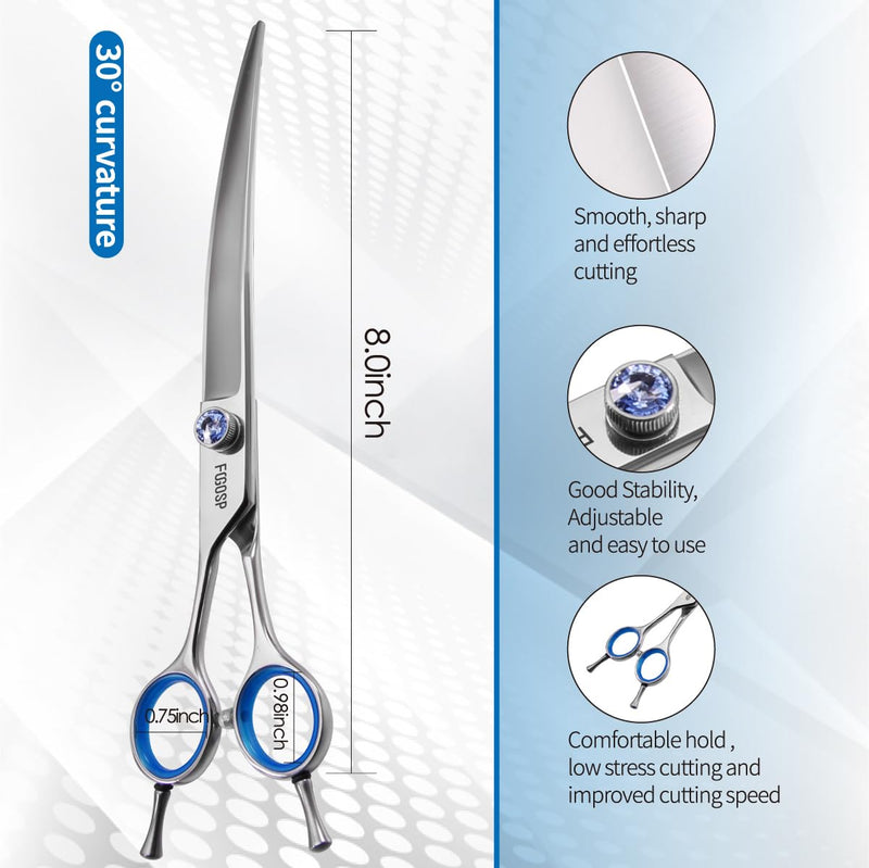 Left Handed Curved Scissors for Dog Grooming Professional 8 inch Long Downward Curved Shears Dog Grooming for Poodle Large Dog Pet 30°Japanese 440C Stainless Steel (8.0 curved) 8.0 inch - PawsPlanet Australia