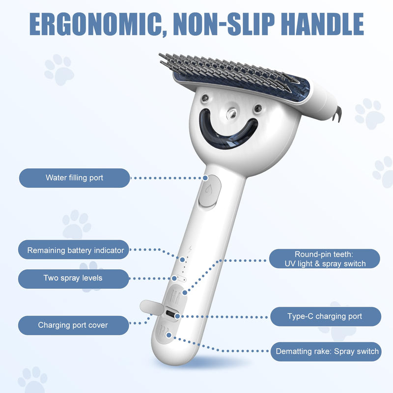 Double-Sided Pet Deshedding Dematting Comb & Steam Brush with 2 Spray Levels, Extra-Wide Detangling Undercoat Rake for Long-Hair Dogs & Cats Matted Fur, Knots, Rechargeable Grooming & Massage Tool White with Double-Sided