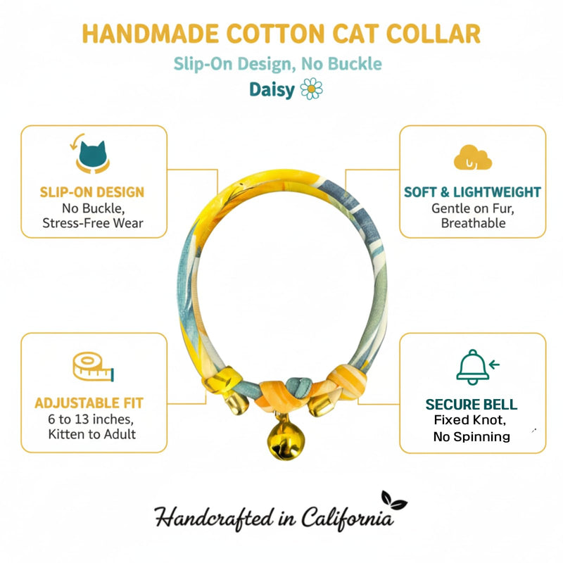 Handmade Cotton Cat Collar with Bell – Adjustable Slip-On Design, No Buckle, Lightweight Rope Collar for Kittens, Indoor Cats, and Small Pets (Daisy) Daisy - PawsPlanet Australia