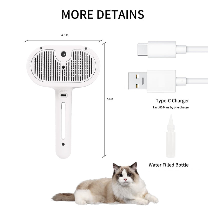 Steam Brush for Long Haired Pets - Self Cleaning Grooming Tool for Cats and Dogs to Reduce Shedding, Static and Flying Fur, White - PawsPlanet Australia
