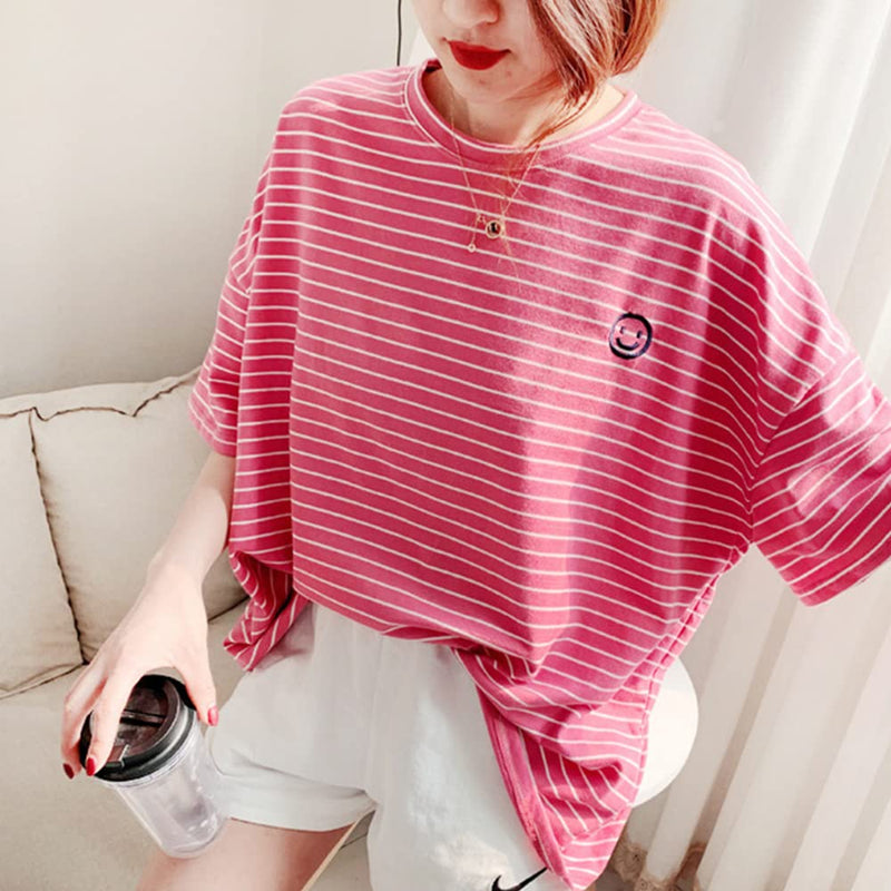 Matching Dog and Owner Clothes,Pink Striped Women Shirt Short Sleeve,Cotton Women Summer Shirt Crewneck,Casual Women T-Shirt Summer Tops Loose Fit(Owner L) Pink for Owners Owner L - PawsPlanet Australia
