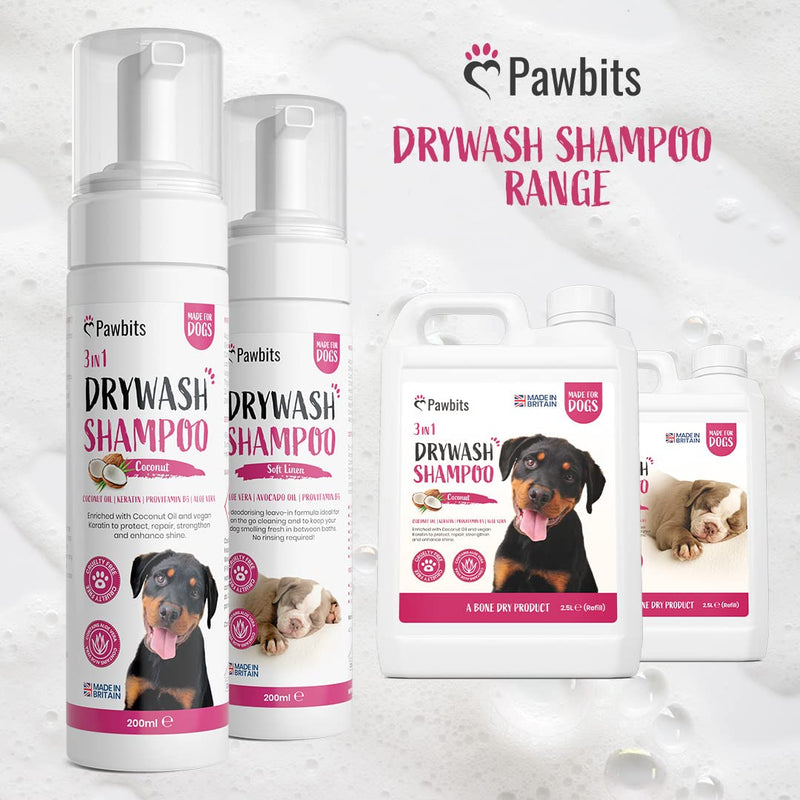 Pawbits Drywash Shampoo for Dogs - Puppy Friendly 3-in-1 Dry Shampoo to Clean, Condition & Detangle – No Water Required (Coconut - 200ml) Coconut - 200ML - PawsPlanet Australia