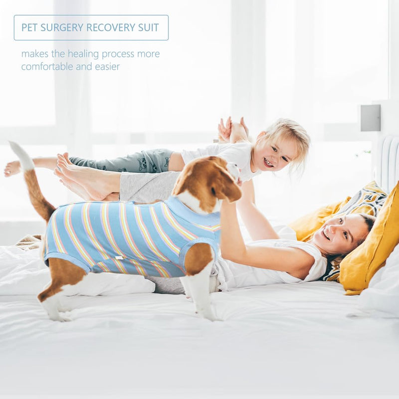 Pet Recovery Suit After Surgery - Abdominal Wounds Breathable Striped Leisure Wear Shirt, E-Collar Alternative Cats Dogs Neuter Spay Anti Licking Clothes for Male Female Pets (Small) Small Blue