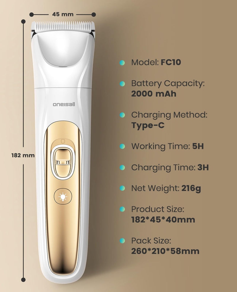 oneisall Quiet Dog Grooming Kit 4 in 1, LED Light Dog Nail Grinder, 2000mAh Pet Grooming Clippers Paw Trimmer for Paw, Nail, Face, Ears, Legs, Body with Storage Bag Gold