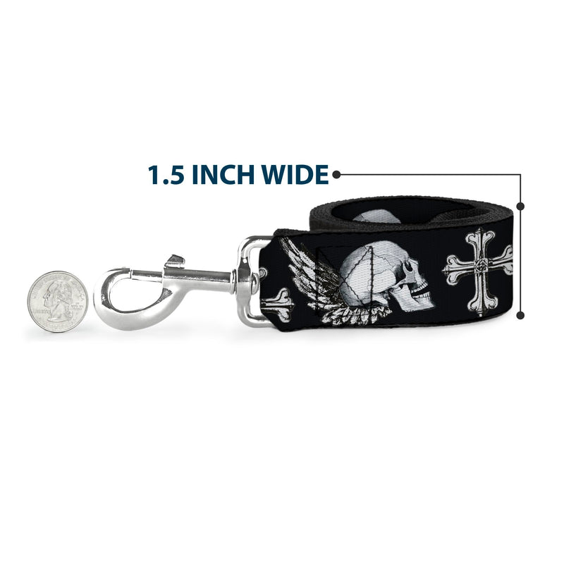 Buckle-Down Dog Leash Skulls Wings Black White 6 Feet Long 0.5 Inch Wide 6 Feet Long - 1/2" Wide - PawsPlanet Australia