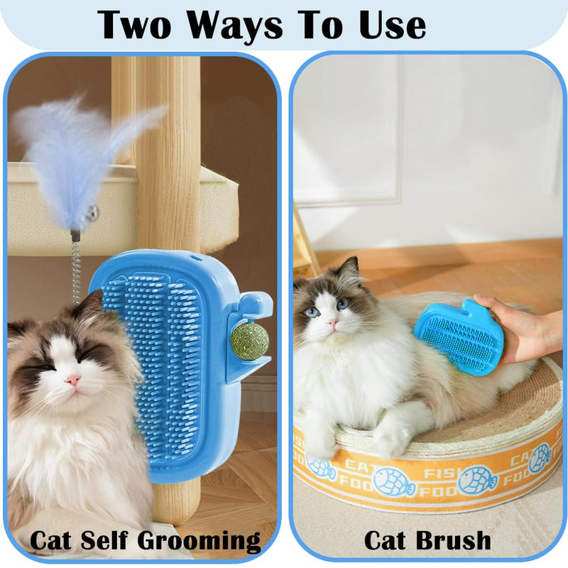 3-in-1 Cat Self Groomer Brush – Wall Corner Cat Scratch Pad with Catnip Ball & Feather Toy, Cactus-Style Wall Brush for Indoor Cats, Cats Massager & Face Scratchers for Fur Pets Blue - PawsPlanet Australia