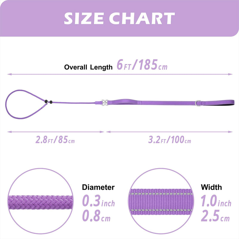 6FT Slip Lead Dog Leash with Double Padded Handle, Anti-Tangle Slip Leads for Dogs, Reflective Nylon No-Pull Training Leash for Small Medium Dogs, Purple 6 Feet - PawsPlanet Australia
