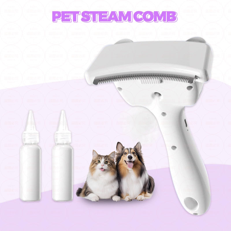 3 in-1 Cat & Dog Steam Comb for Long Short Hair for Any Size Cat & Dog Hair Removal & Shedding, Two Spray Mode with USB, Brush Haired Release Button - Include “2” Waterless Shampoo(White)