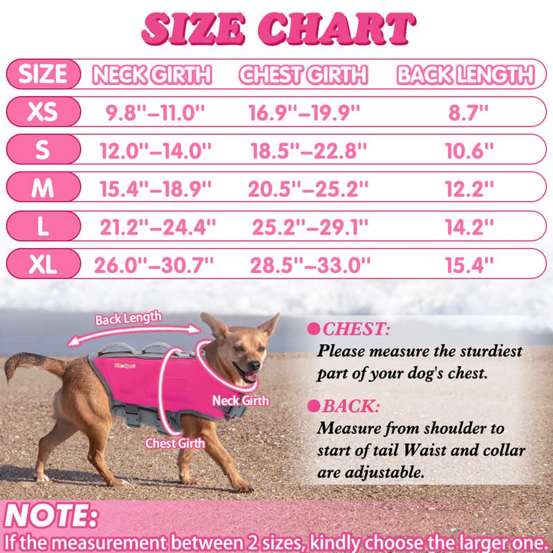 Dog Life Jacket for Large Dogs, Dog Life Vest for Swimming with Three Fashion Fabric Patches，Dog Life Jacket with Reflective Stripes and Two Rescue Handle, Dog Flotation Vest, L RosePink