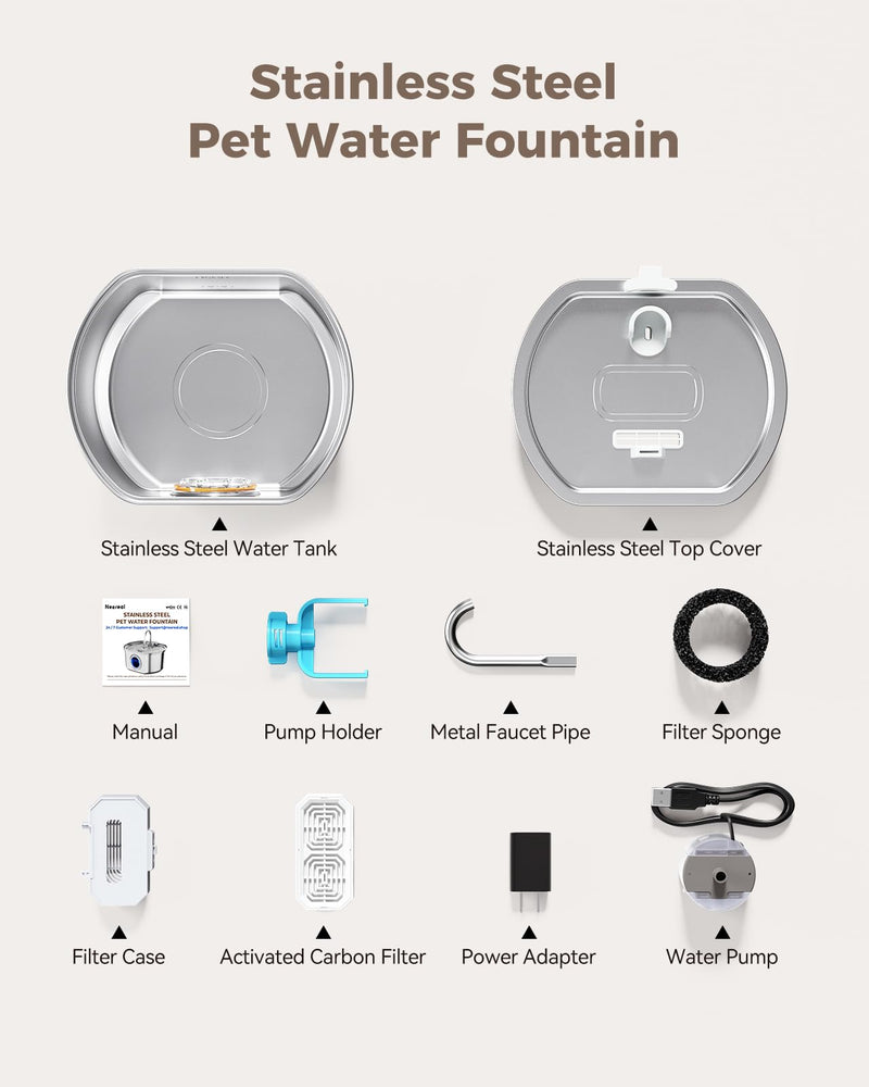Cat Water Fountain Stainless Steel: 108oz/3.2L Cat Fountain for Drinking- Pet Water Fountain for Cats Inside - Automatic Cat Water Dispenser Bowl - Cat Feeding & Watering Supplies - Water Level Window Cat Fountain + 1 Filter + 1 Sponges - PawsPlanet Australia