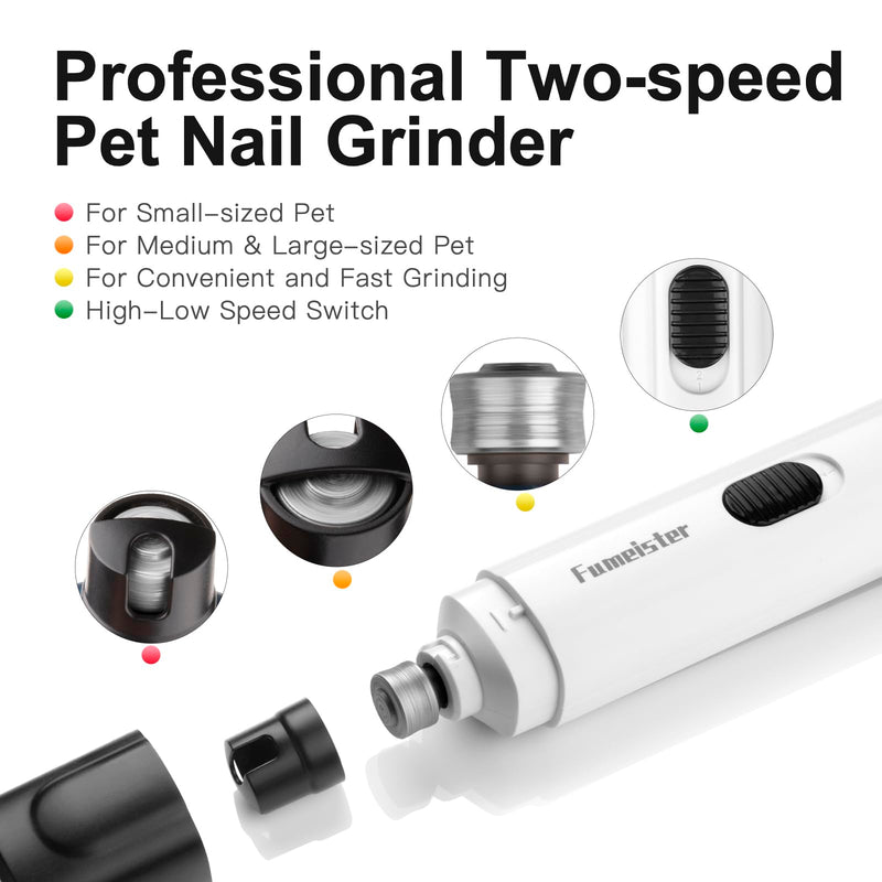 Pet Nail Grinder for Dogs - Quiet 2-Speed Rechargeable Dog Nail Trimmer with Type-C Charging, Low Noise Paw Grooming for Dogs & Cats (White) White
