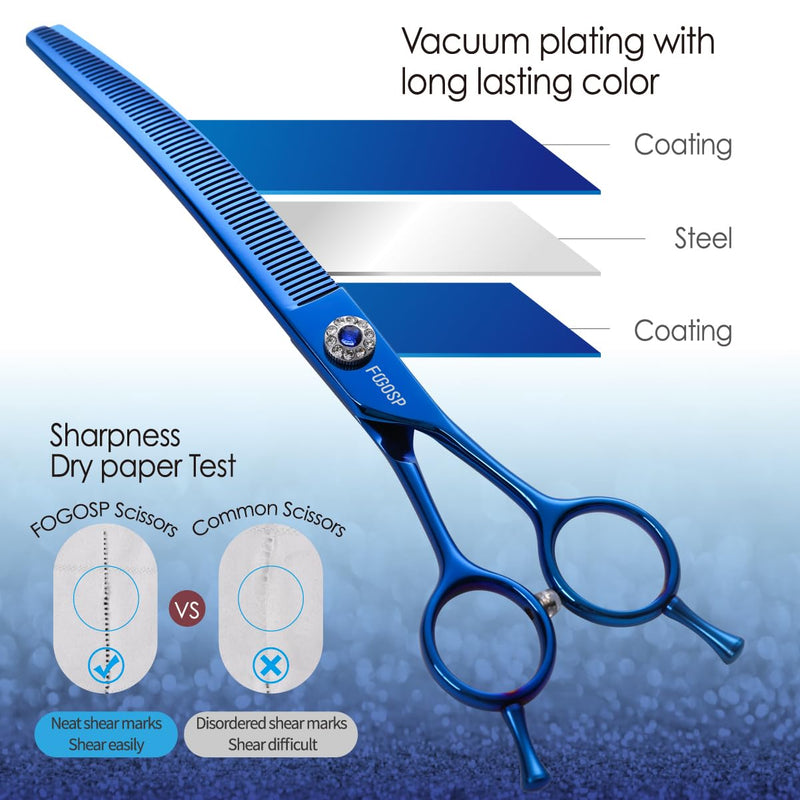 Professional Curved Thinning Shears Dog Grooming Scissors 7.25'' Blue Curved Blender Shears for Grooming Large Dogs Pet 66 Teeth Japan 440C(Curved Thinning) Blue Curved Thinning - PawsPlanet Australia