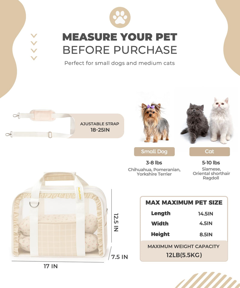 Cat Carrier, Dog Purse with Soft-Sided Pet Carriers, Breathable Mesh for Small/Medium Cats Dogs Puppies (Up to 13lbs), Foldable with Safety Buckle for Travel - Beige - PawsPlanet Australia
