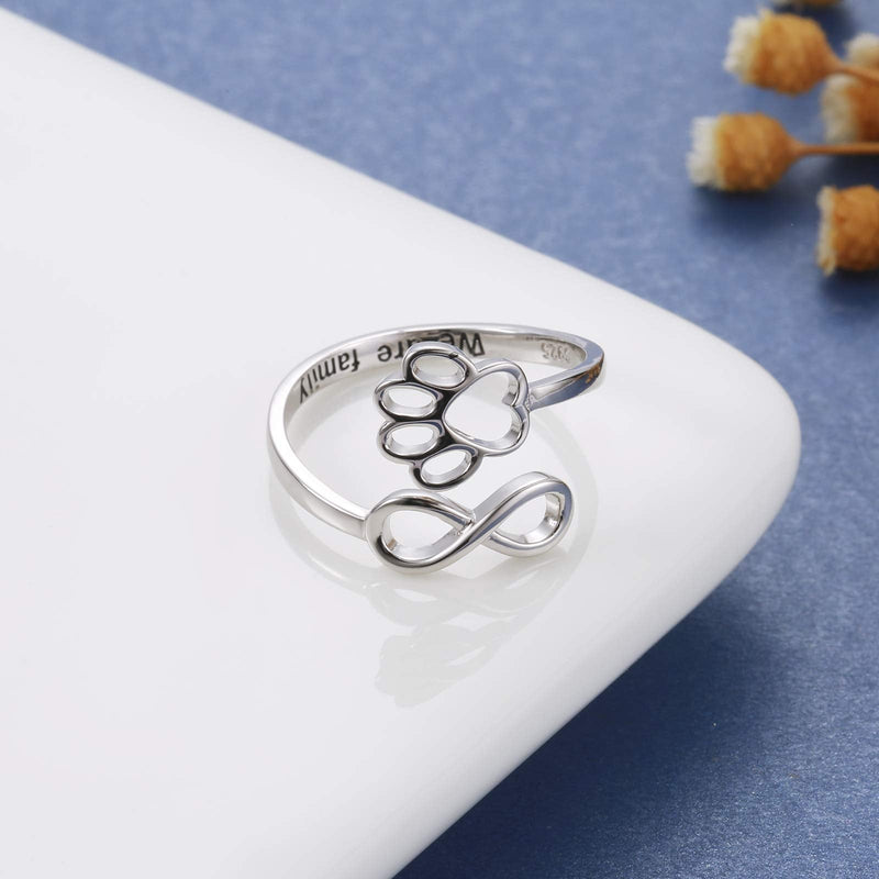 Puppy Pet Lovers Paw Print Ring Heart 925 Sterling Silver Adjustable Ring Pet Animal Jewelry Creative Pierced Love Dog Cat Claw Ring Pet Loving Friend Families Gifts Silver infinity paw ring